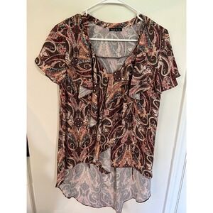 Sami&Jo Womens Paisley Ruffle V-Neck High Low Short Sleeve Blouse Brown Red Med